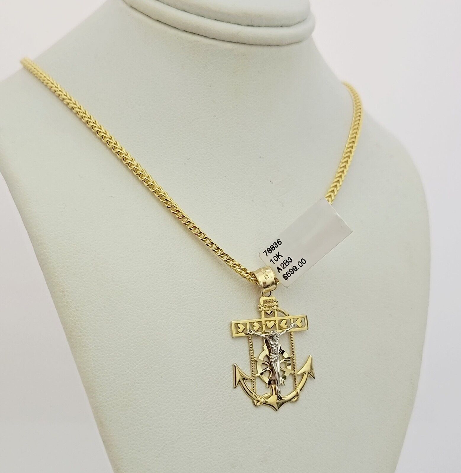 Real 10k Gold Franco Chain Anchor Cross Charm pendant Set 2.5mm Necklace 22 Inch